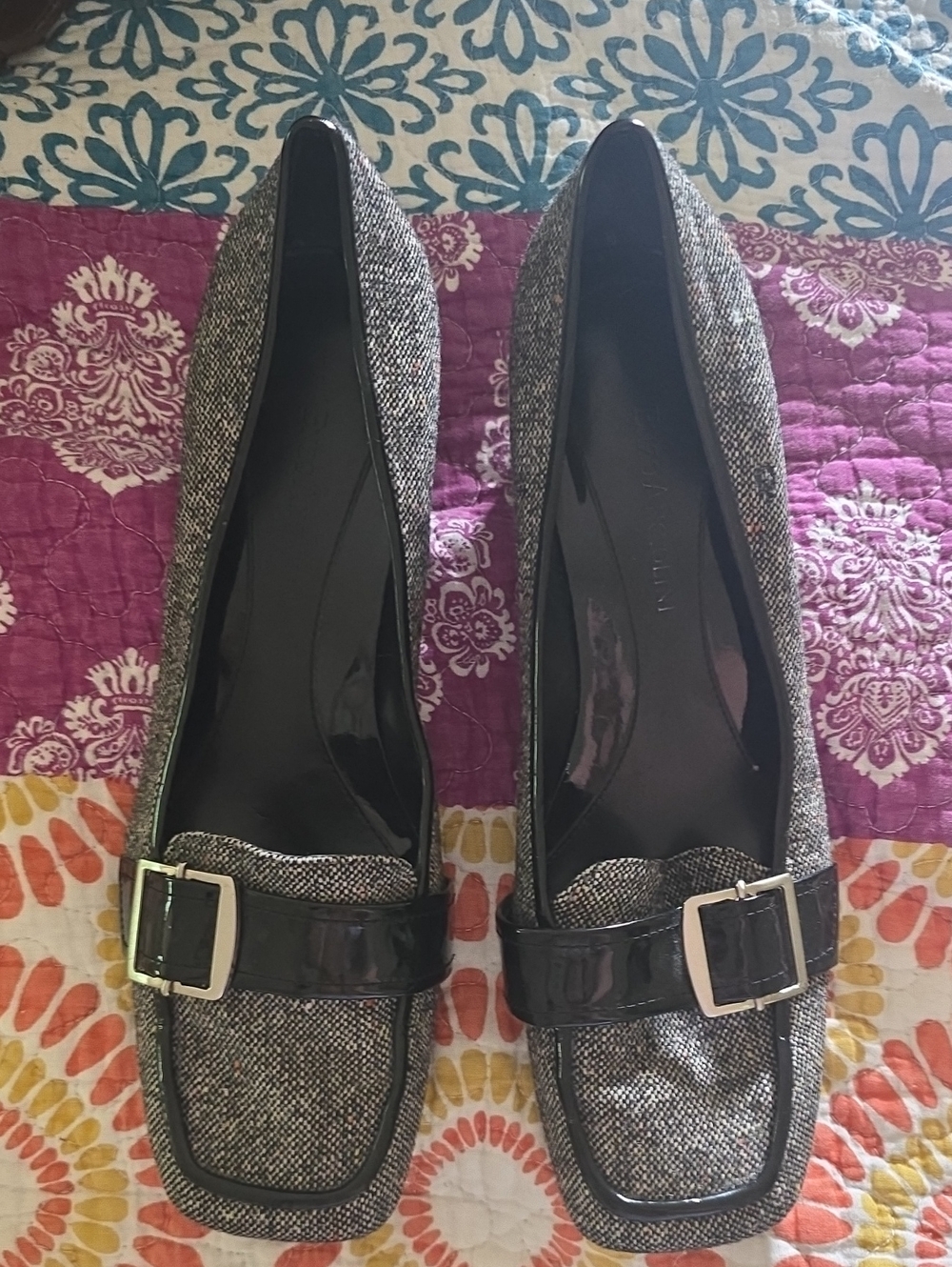 Enzo Angiolini Black Patent and Tweed Square-Toe Heels